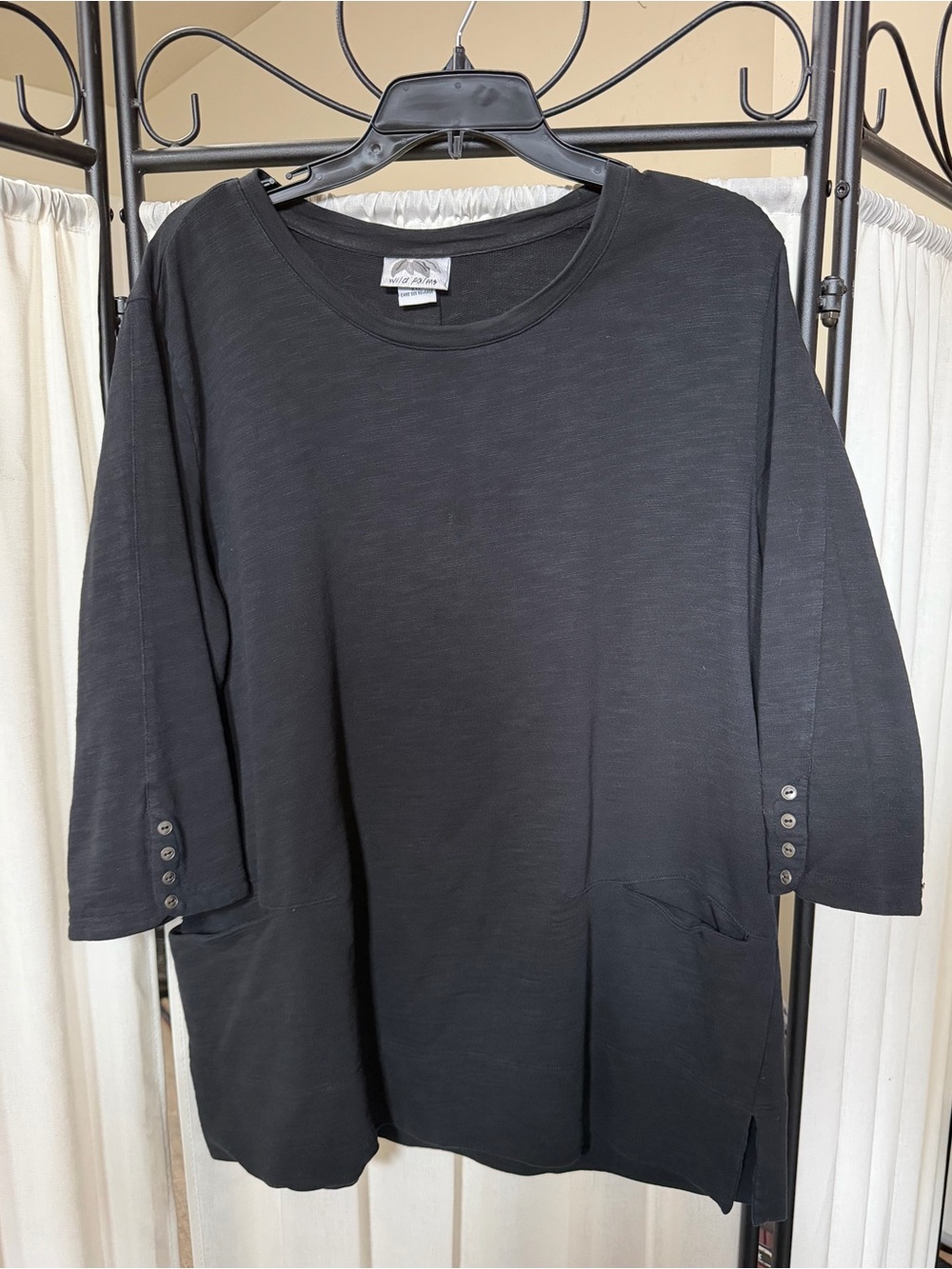 Women's Black 100% Cotton Tunic Top with Button-Sleeve Detail